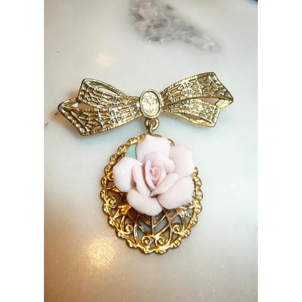Vintage Gold Tone Filigree Bow Brooch, Pink Rose Dangle Pin, Victorian Revival